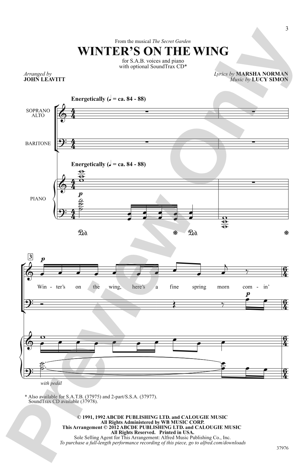 Winter's on the Wing (from <i>The Secret Garden</i>): SAB Choral Octavo