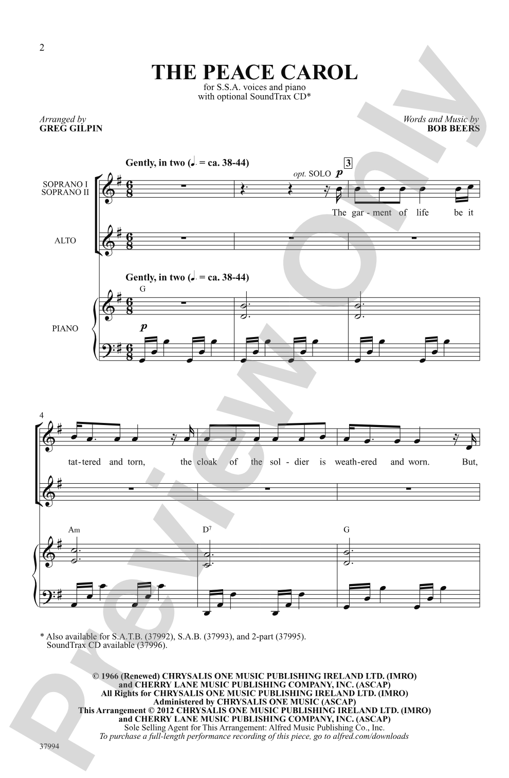 The Peace Carol: SSA Choral Octavo