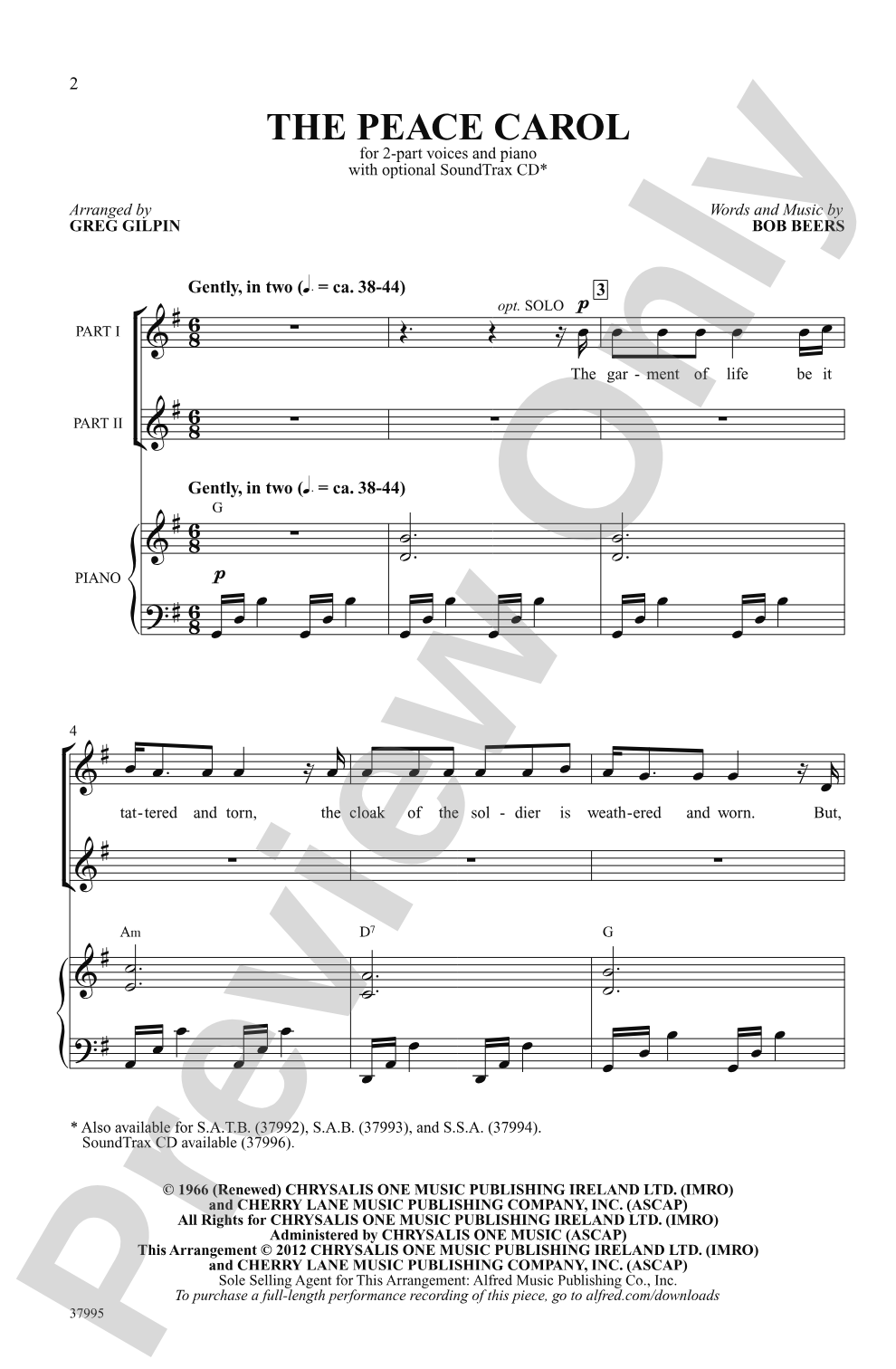 The Peace Carol: 2-Part Choral Octavo