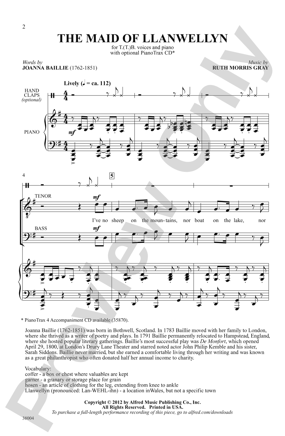 The Maid of Llanwellyn: T(T)B Choral Octavo