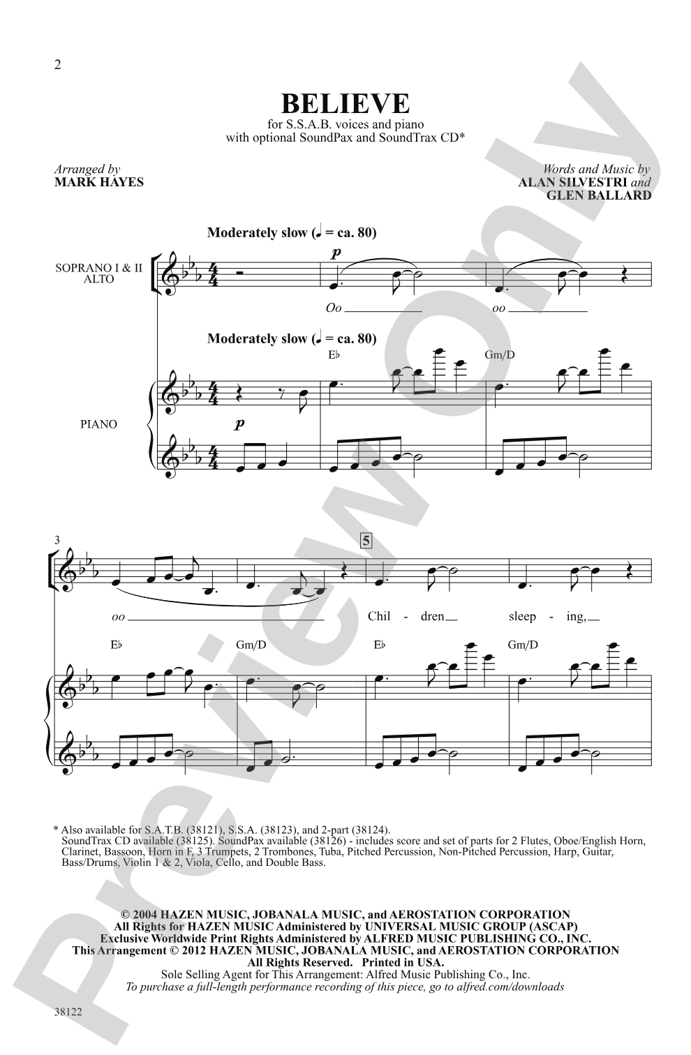 Believe (from <i>The Polar Express</i>): SSAB Choral Octavo