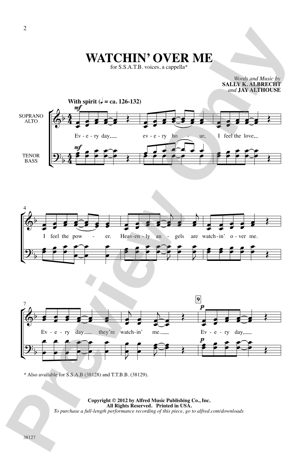 Watchin' Over Me: SSATB, <i>a cappella</i> Choral Octavo