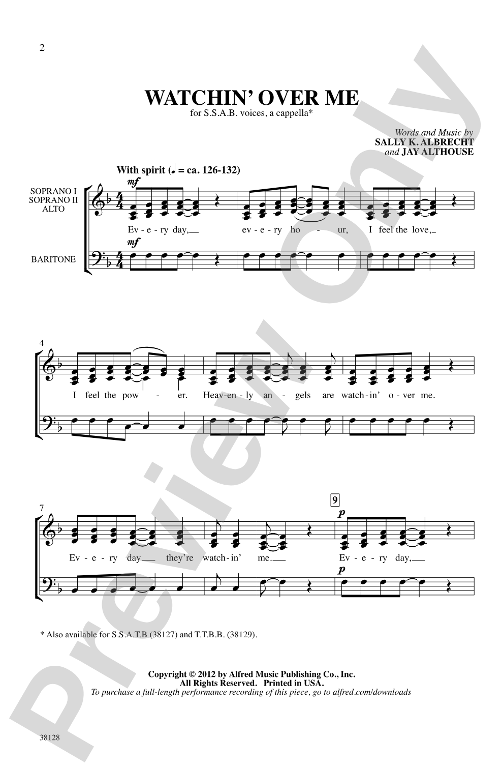 Watchin' Over Me: SSAB, <i>a cappella</i> Choral Octavo