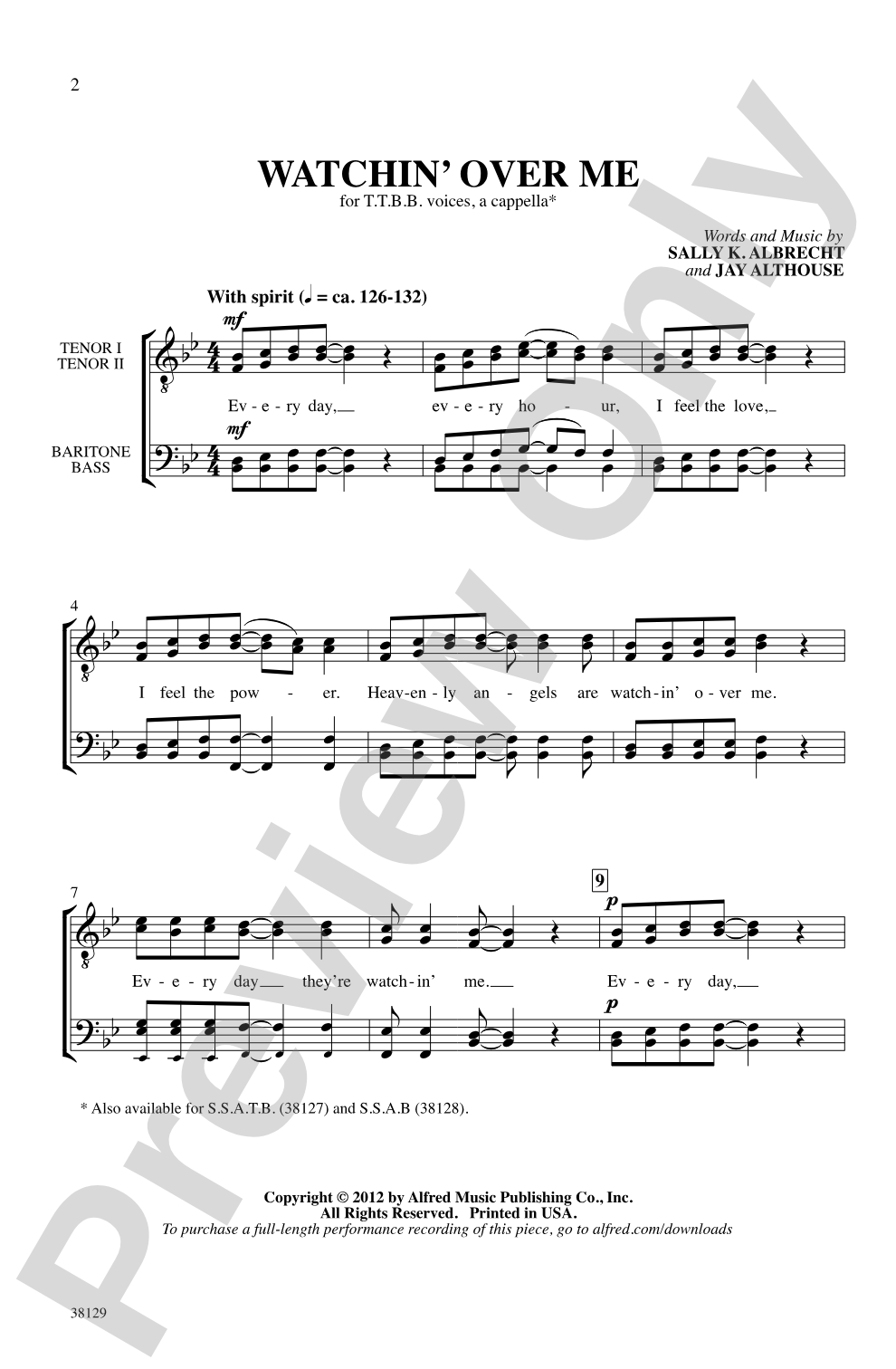 Watchin' Over Me: TTBB, <i>a cappella</i> Choral Octavo