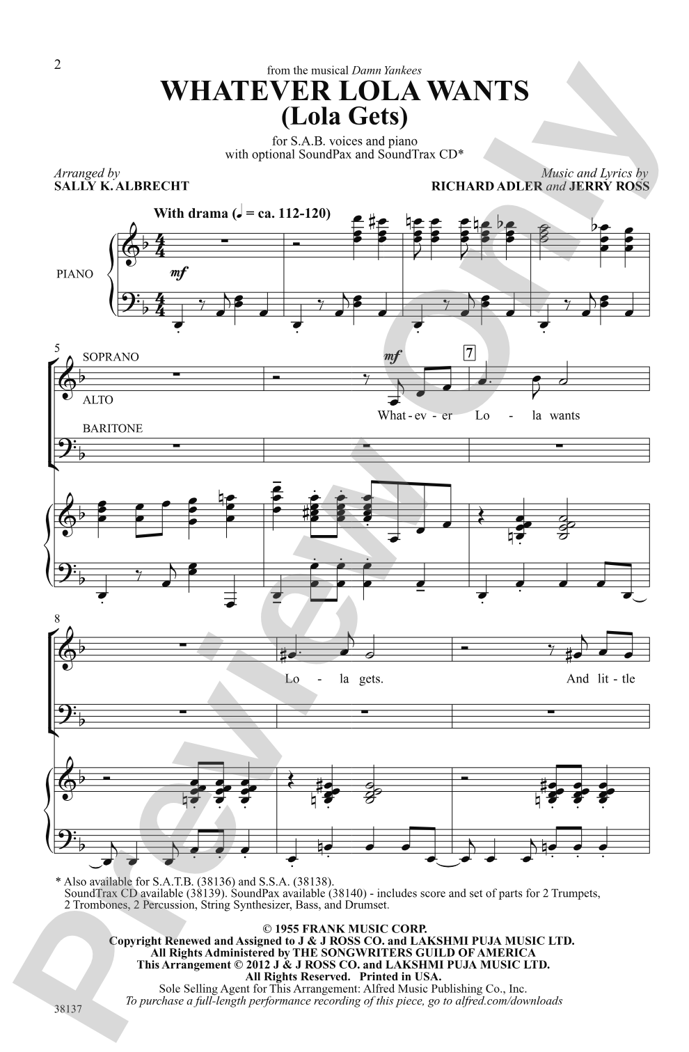 Whatever Lola Wants (Lola Gets) (from the musical <i>Damn Yankees</i>): SAB Choral Octavo