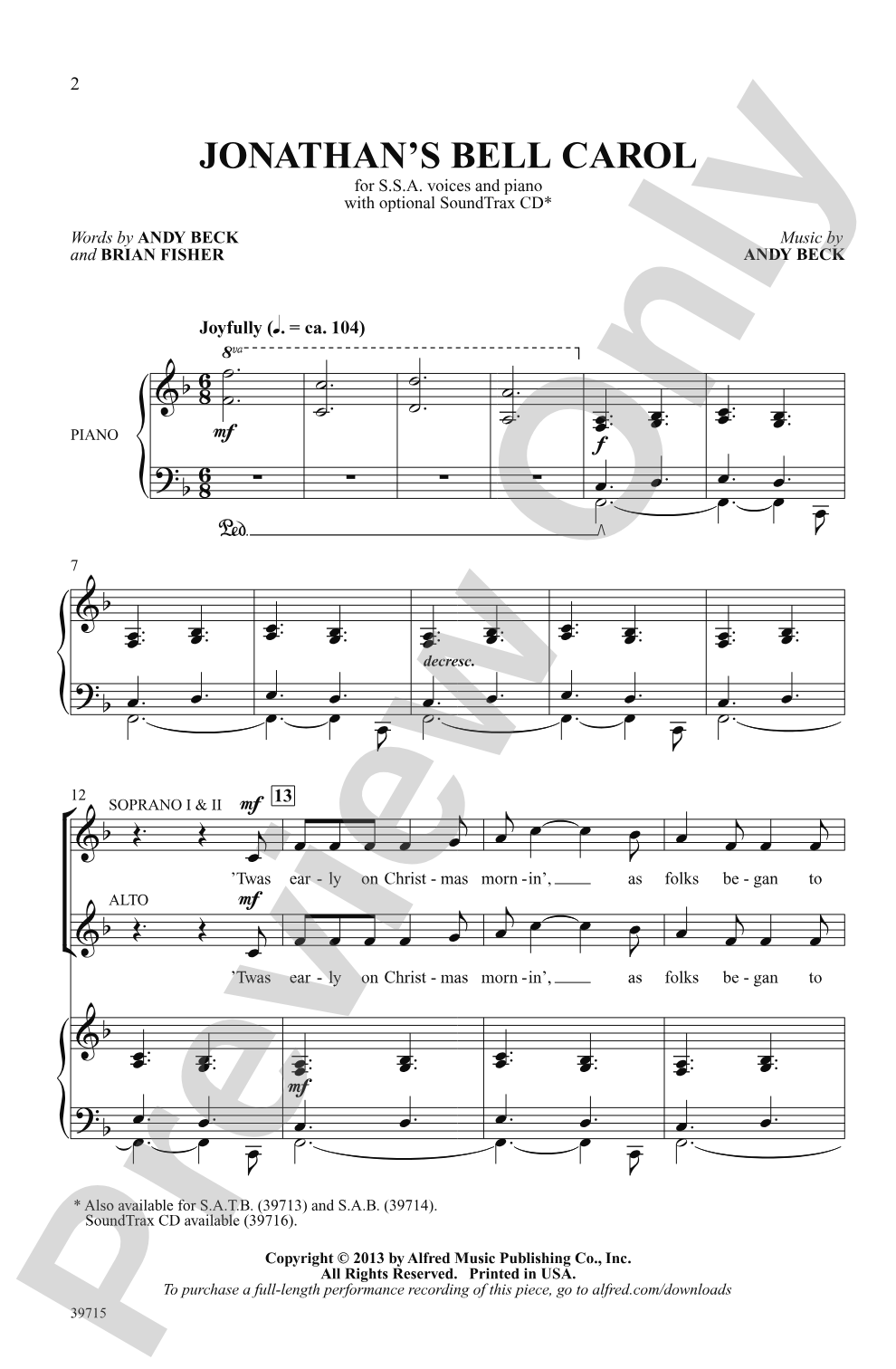 Jonathan's Bell Carol: SSA Choral Octavo