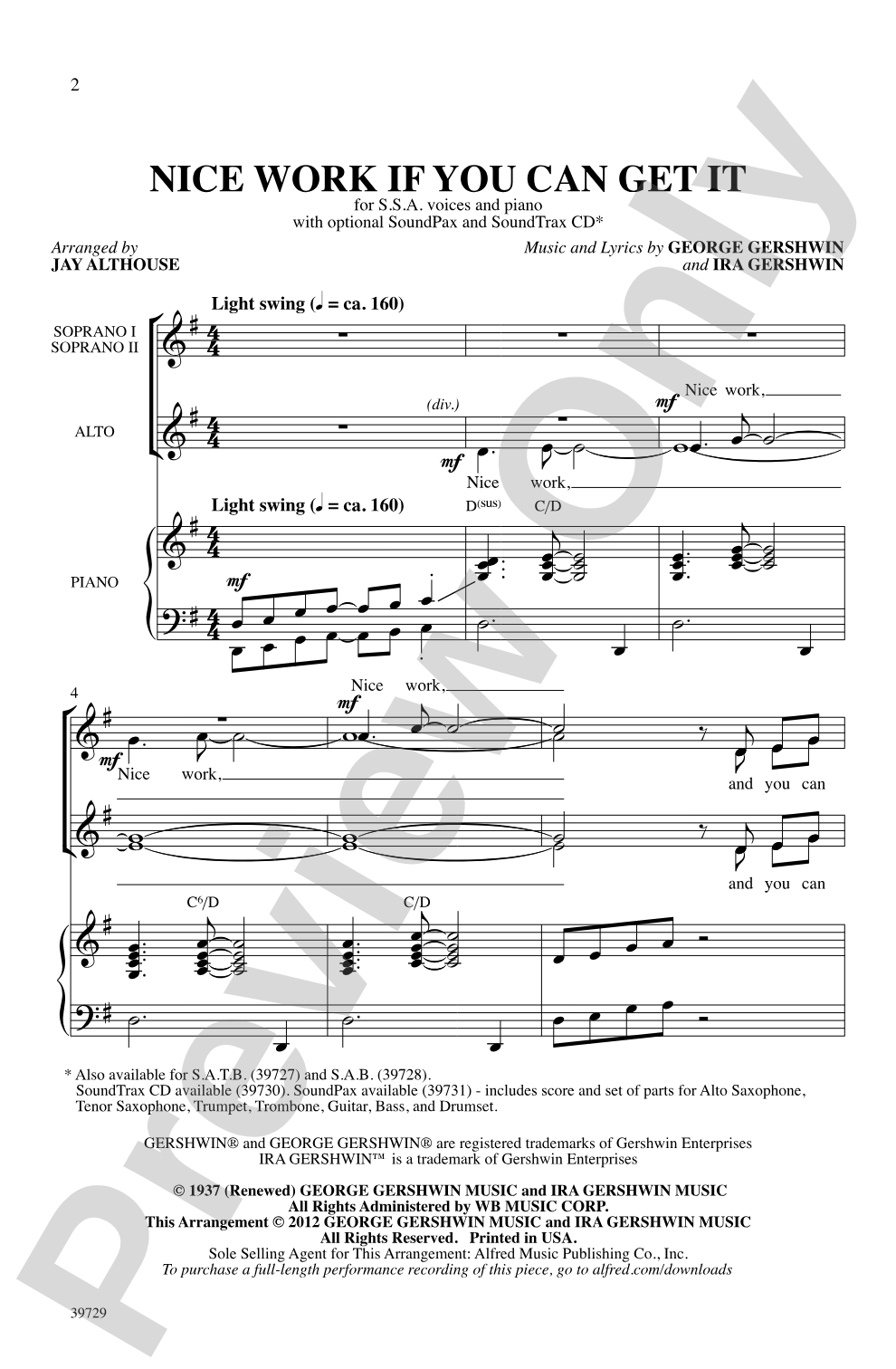 Nice Work If You Can Get It: SSA Choral Octavo