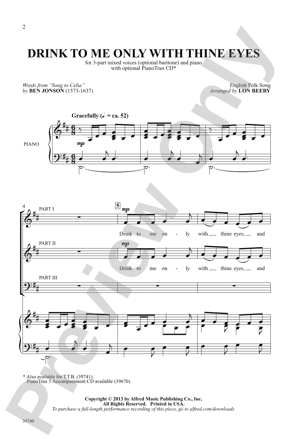 Drink to Me Only with Thine Eyes: 3-Part Mixed Choral Octavo