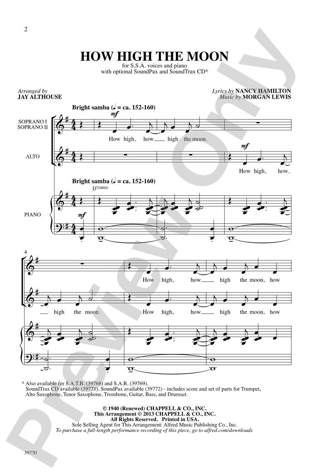 How High the Moon: SSA Choral Octavo