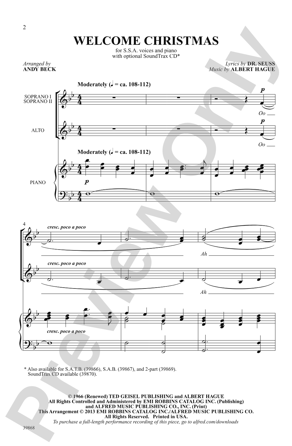 Welcome Christmas (from <i>How the Grinch Stole Christmas</i>): SSA Choral Octavo