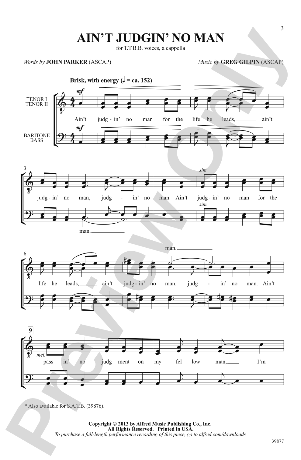 Ain't Judgin' No Man: TTBB, <i>a cappella</i> Choral Octavo