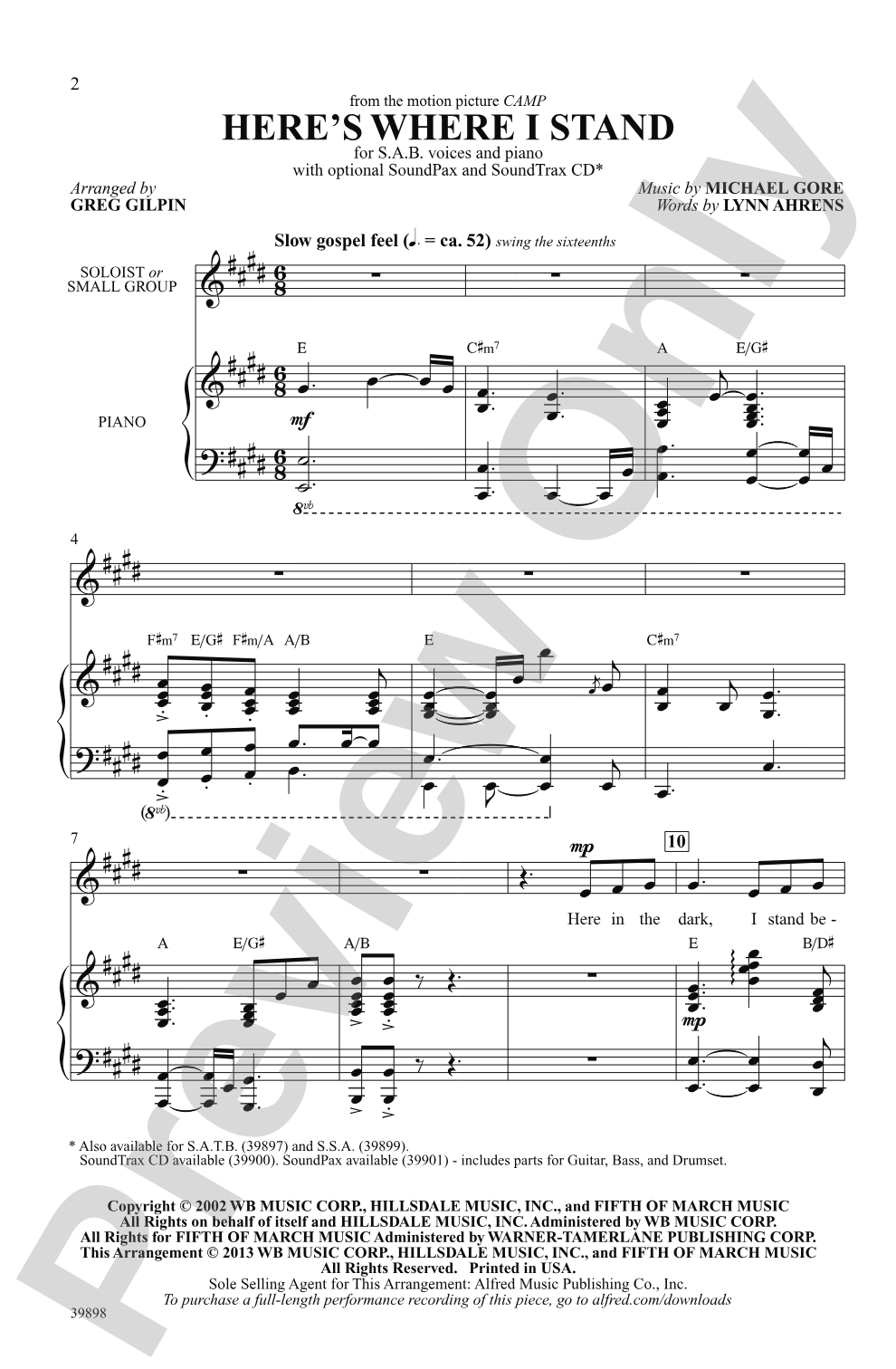 Here's Where I Stand (from the motion picture <i>Camp</i>): SAB Choral Octavo