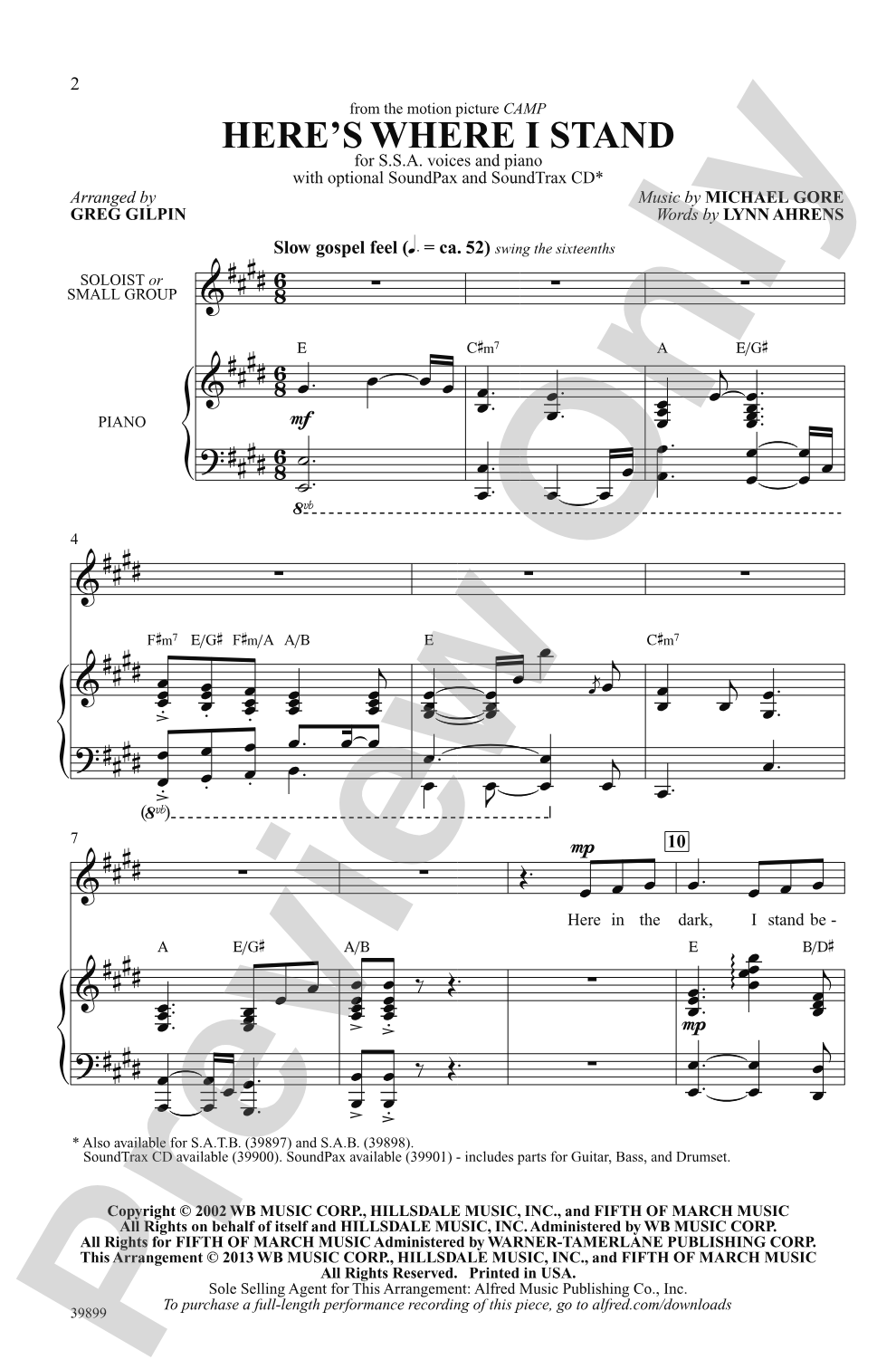 Here's Where I Stand (from the motion picture <i>Camp</i>): SSA Choral Octavo