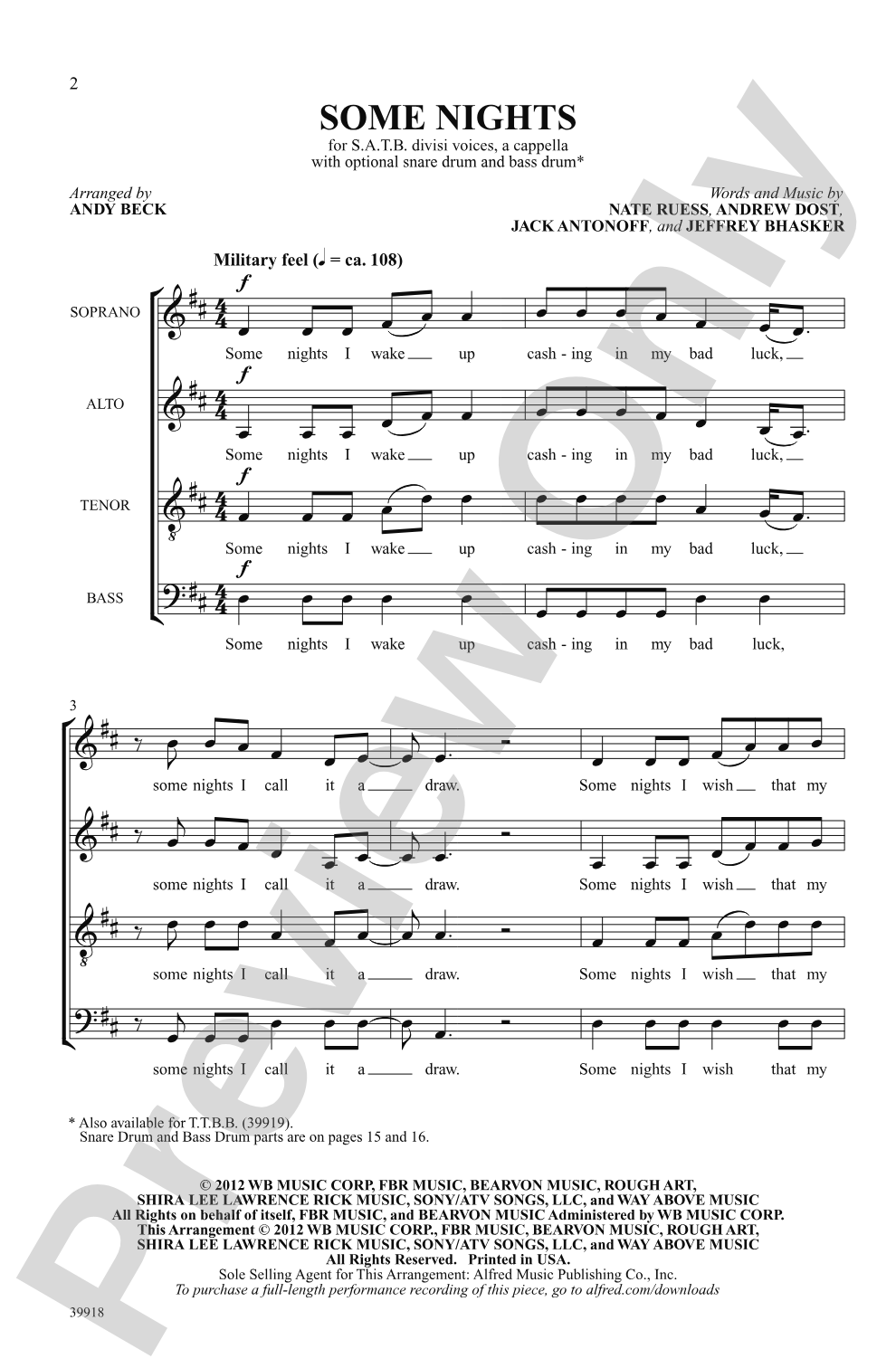 Some Nights: SATB, <i>a cappella</i> Choral Octavo