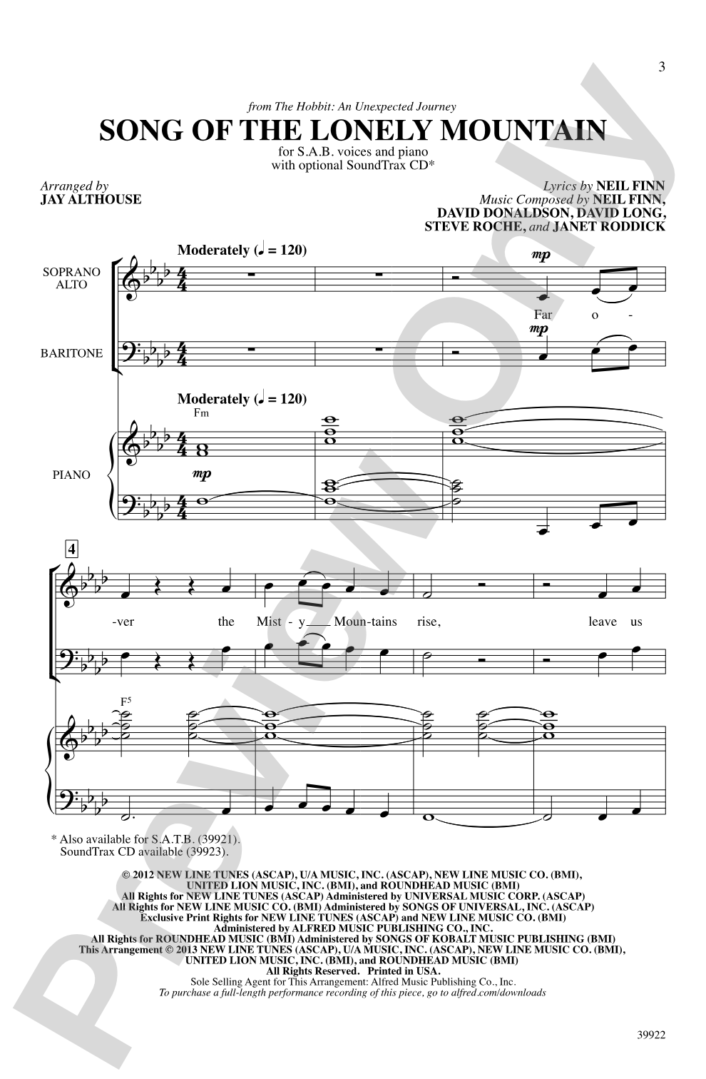 Song of the Lonely Mountain (from <i>The Hobbit: An Unexpected Journey</i>): SAB Choral Octavo