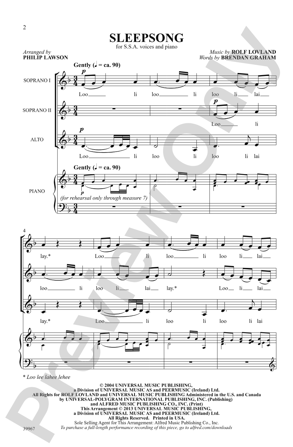 Sleepsong: SSA Choral Octavo