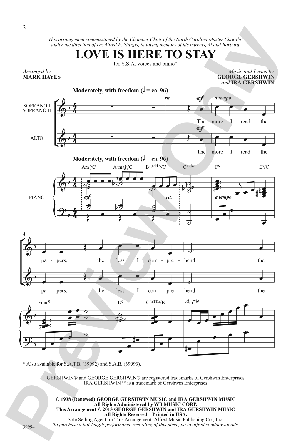 Love Is Here to Stay: SSA Choral Octavo