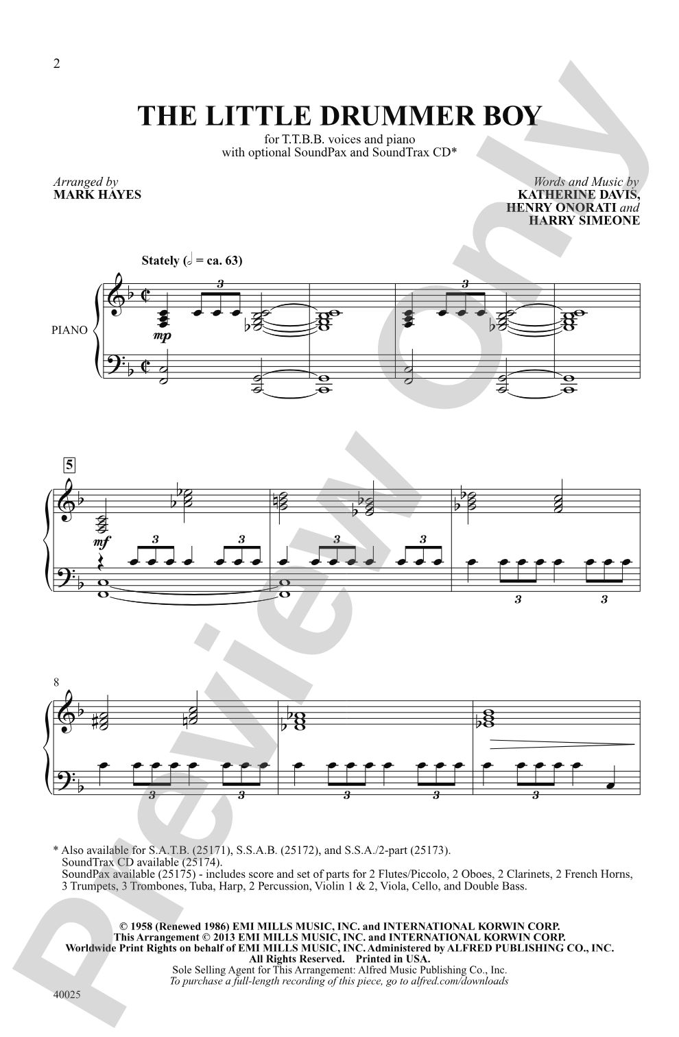 The Little Drummer Boy: TTBB Choral Octavo