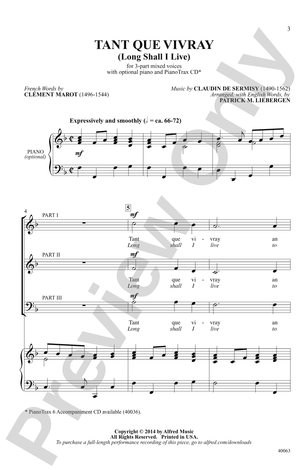 Tant Que Vivray: 3-Part Mixed Choral Octavo