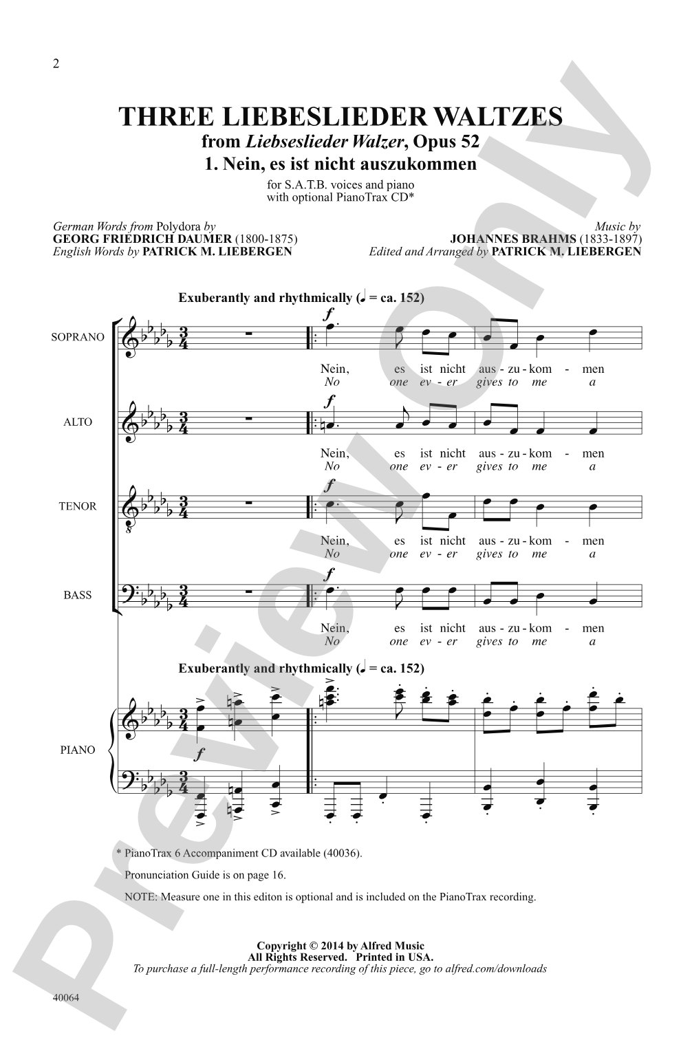 Three Liebeslieder Waltzes (from <i>Liebeslieder Walzer</i>, Opus 52): SATB Choral Octavo
