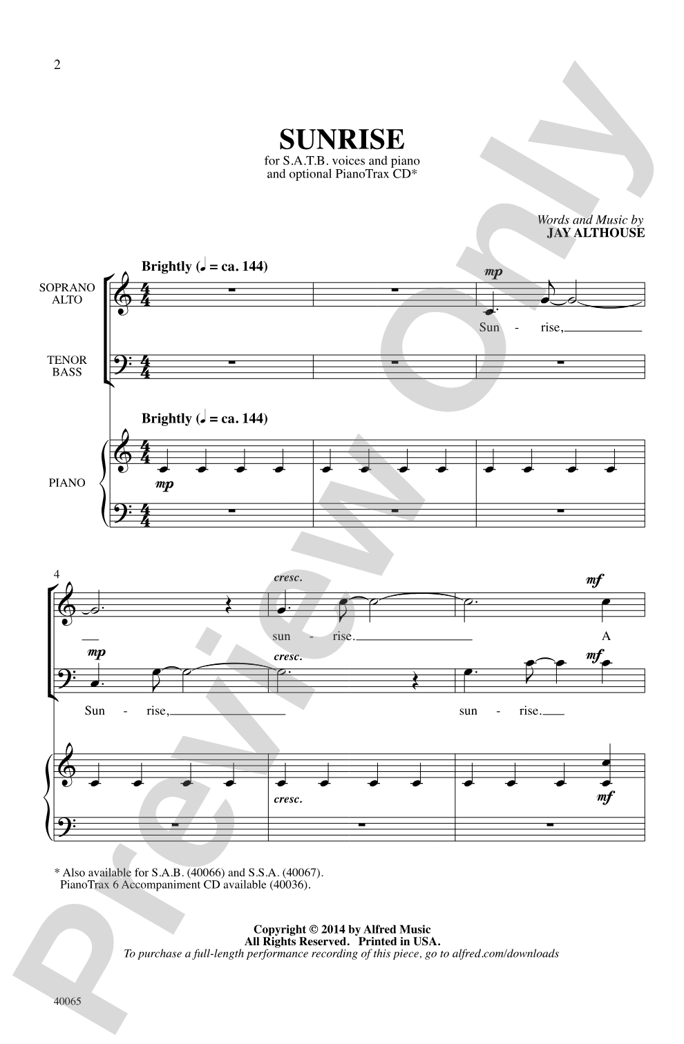 Sunrise: SATB Choral Octavo