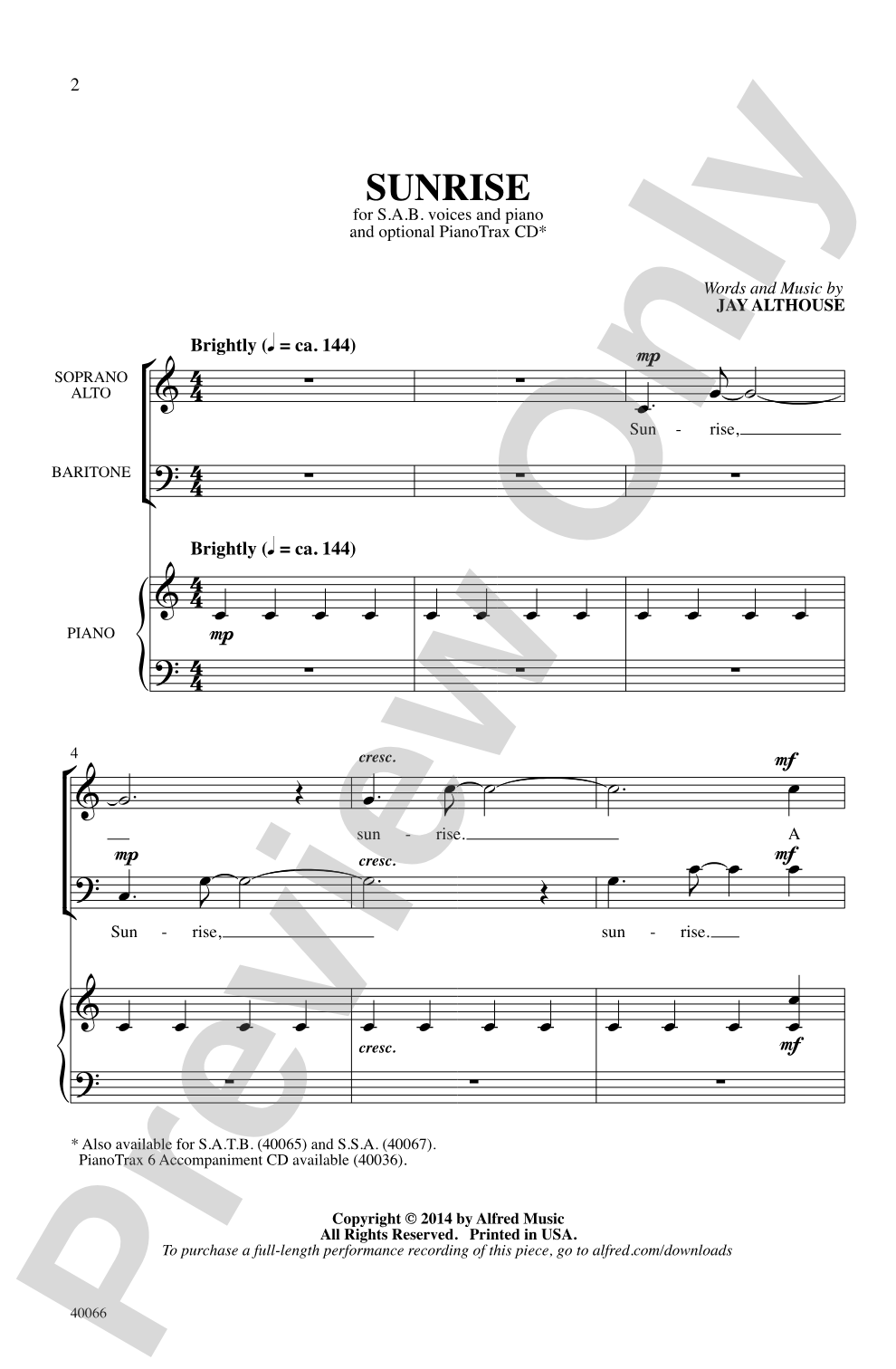 Sunrise: SAB Choral Octavo