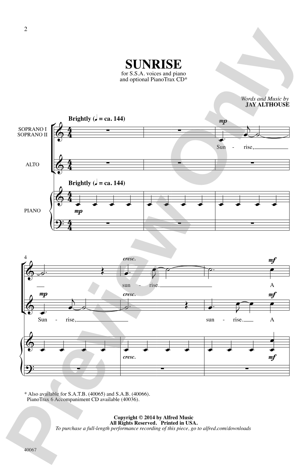 Sunrise: SSA Choral Octavo