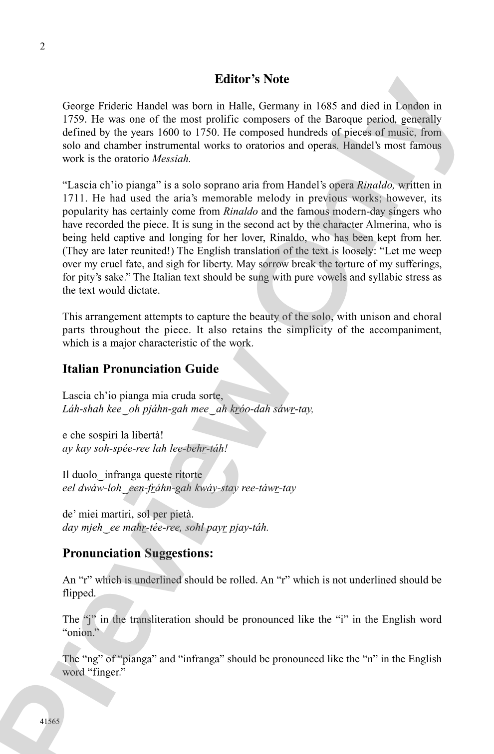 Lascia Ch'io Pianga (from <i>Rinaldo</i>): SSA Choral Octavo