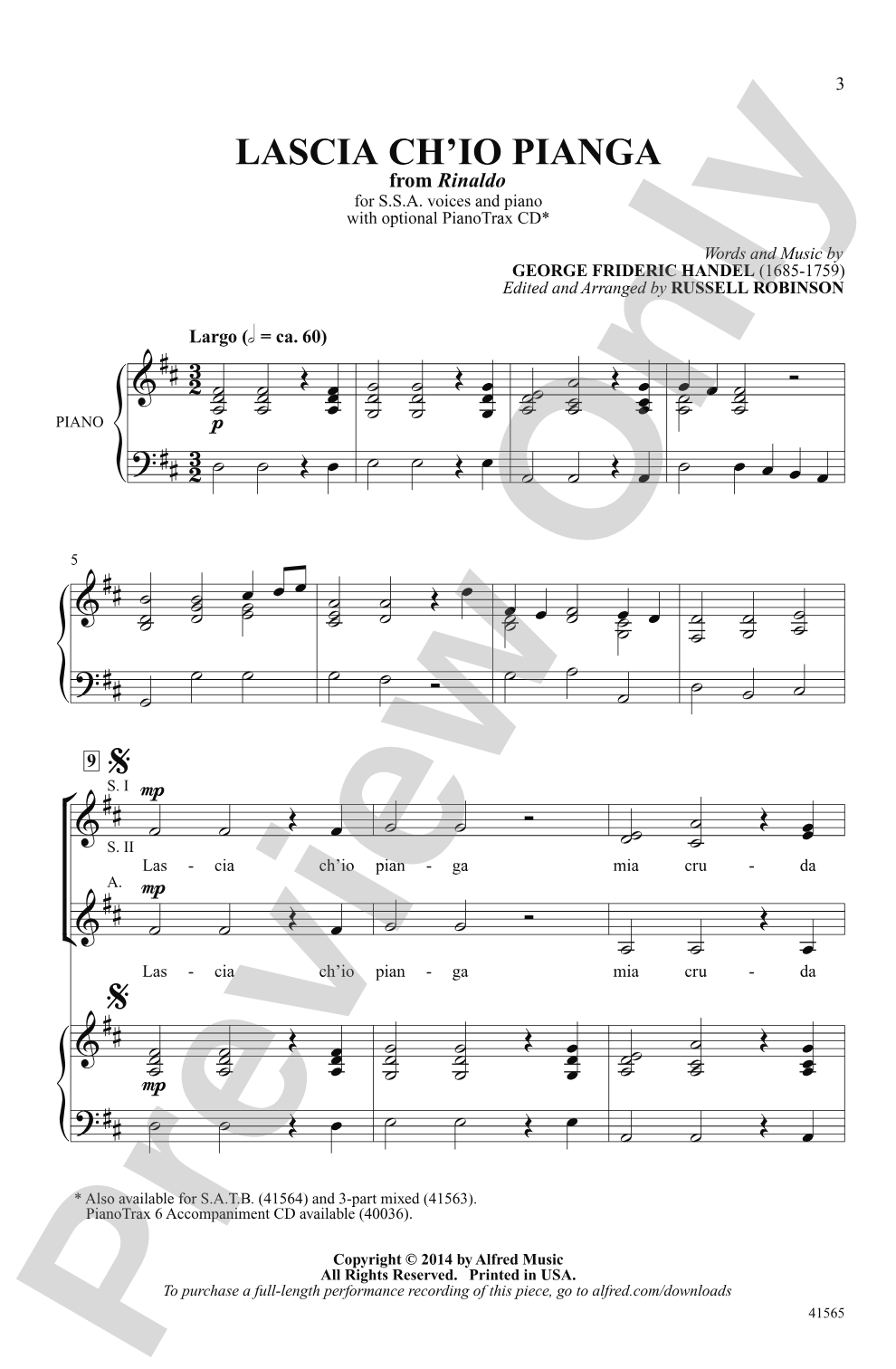 Lascia Ch'io Pianga (from <i>Rinaldo</i>): SSA Choral Octavo