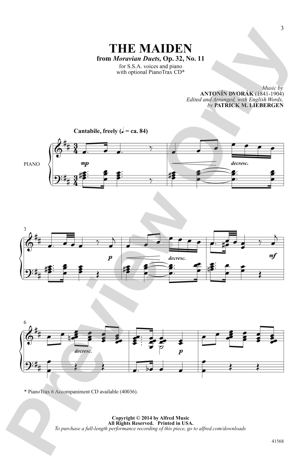 The Maiden (from <i>Moravian Duets, </i> Op. 32, No. 11): SSA Choral Octavo