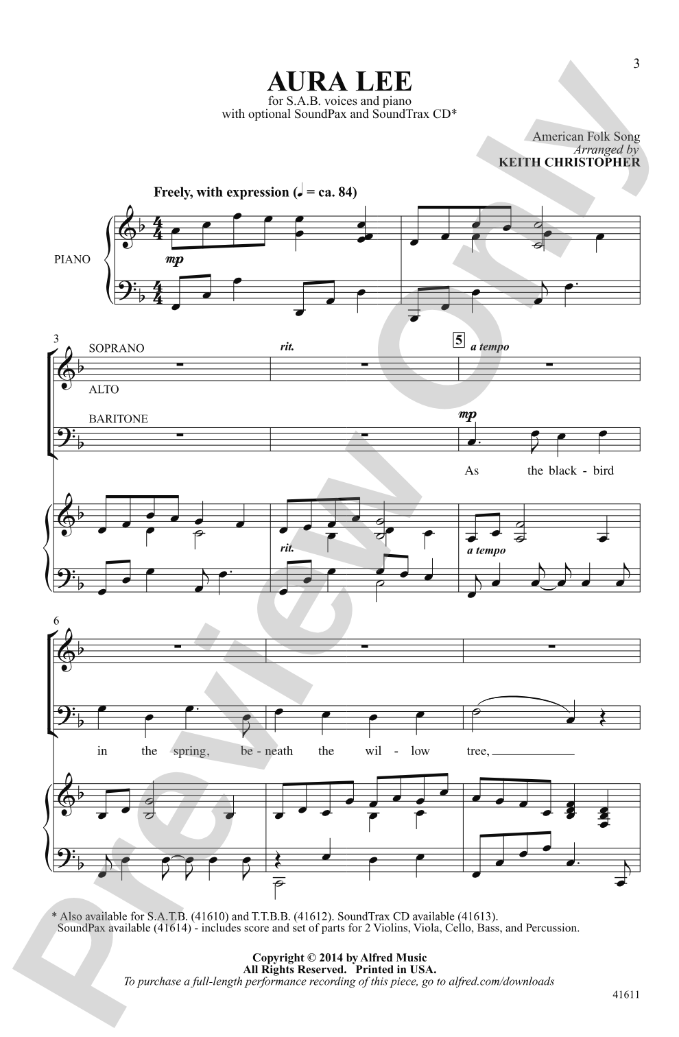 Aura Lee: SAB Choral Octavo