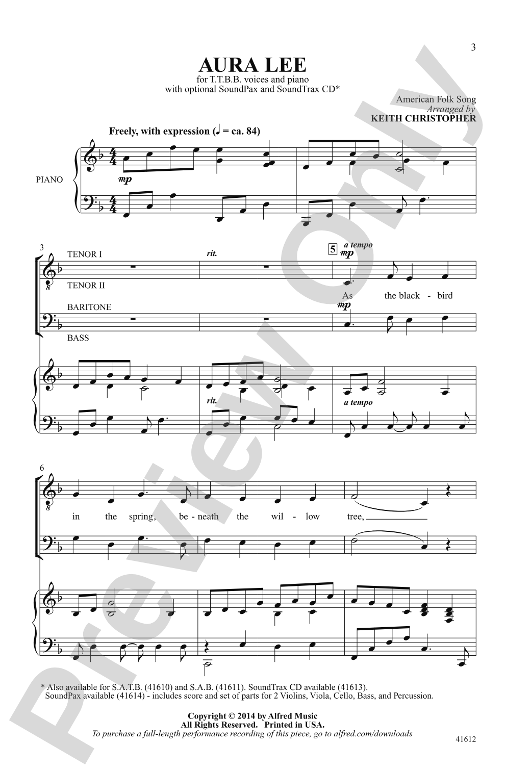 Aura Lee: TTBB Choral Octavo