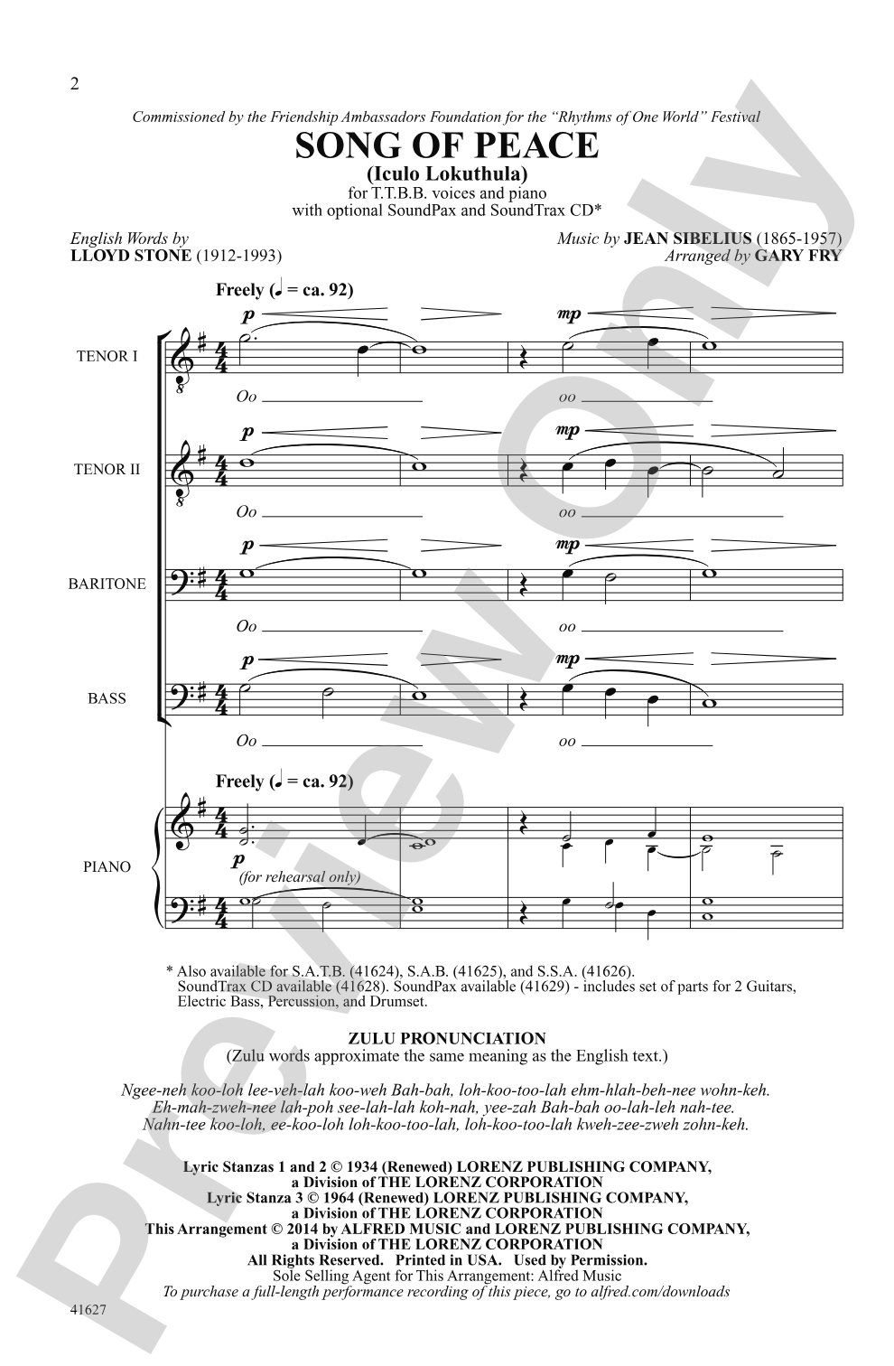 Song of Peace: TTBB Choral Octavo