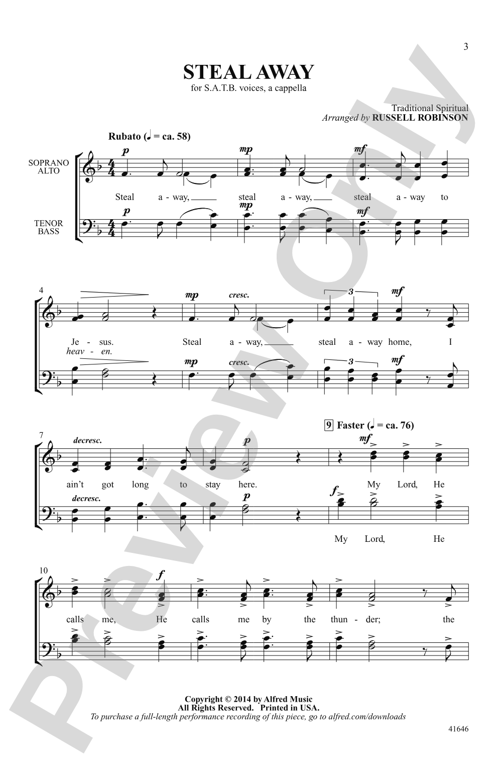 Steal Away: SATB, <i>a cappella</i> Choral Octavo