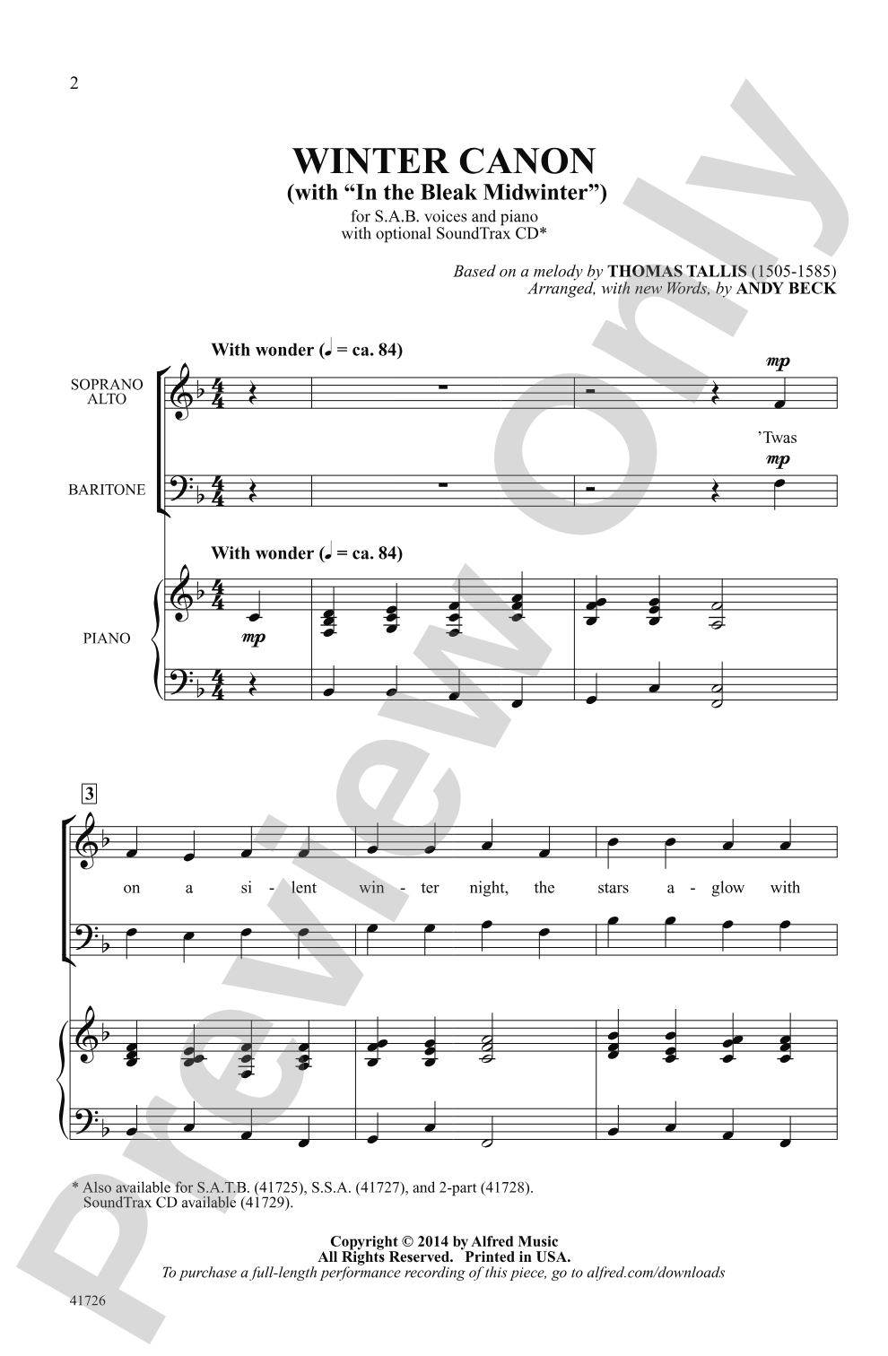 Winter Canon: SAB Choral Octavo