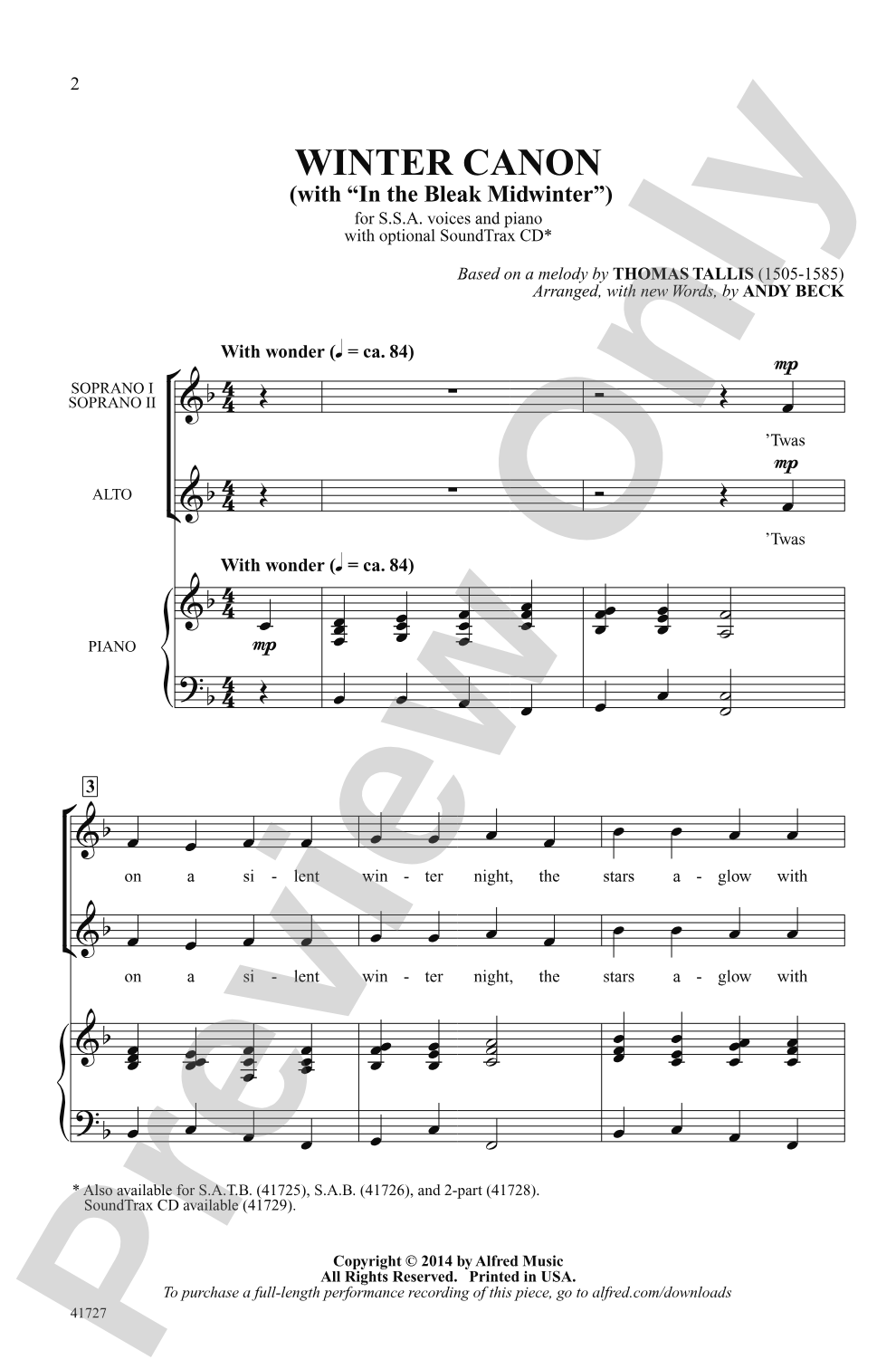 Winter Canon: SSA Choral Octavo