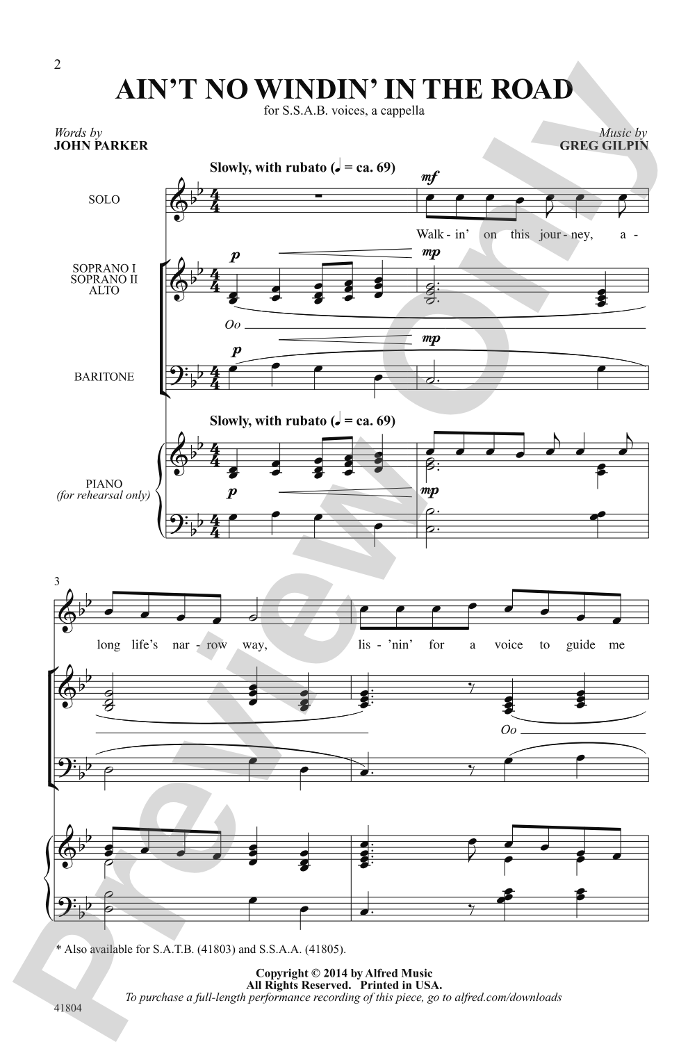 Ain't No Windin' in the Road: SSAB, <I>a cappella</I> Choral Octavo