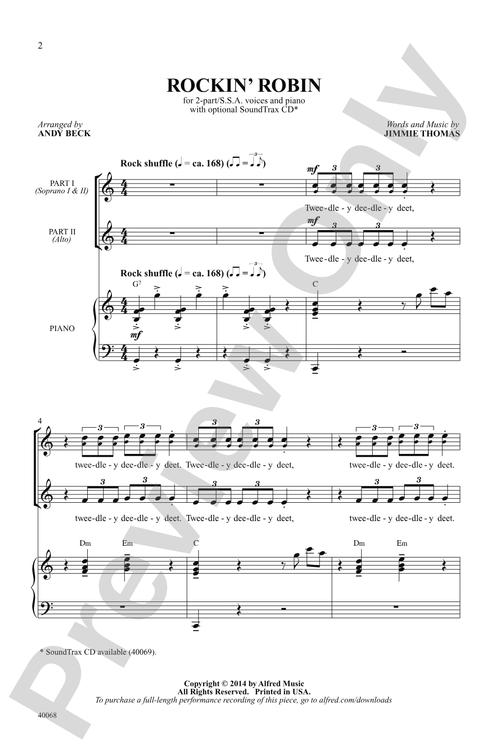 Rockin' Robin: 2-Part / SSA Choral Octavo