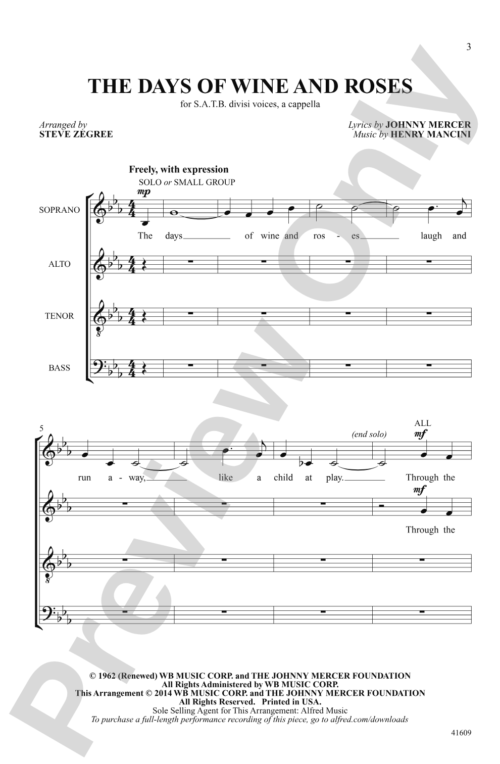 Days of Wine and Roses, The: SATB, <i>a cappella</i> Choral Octavo