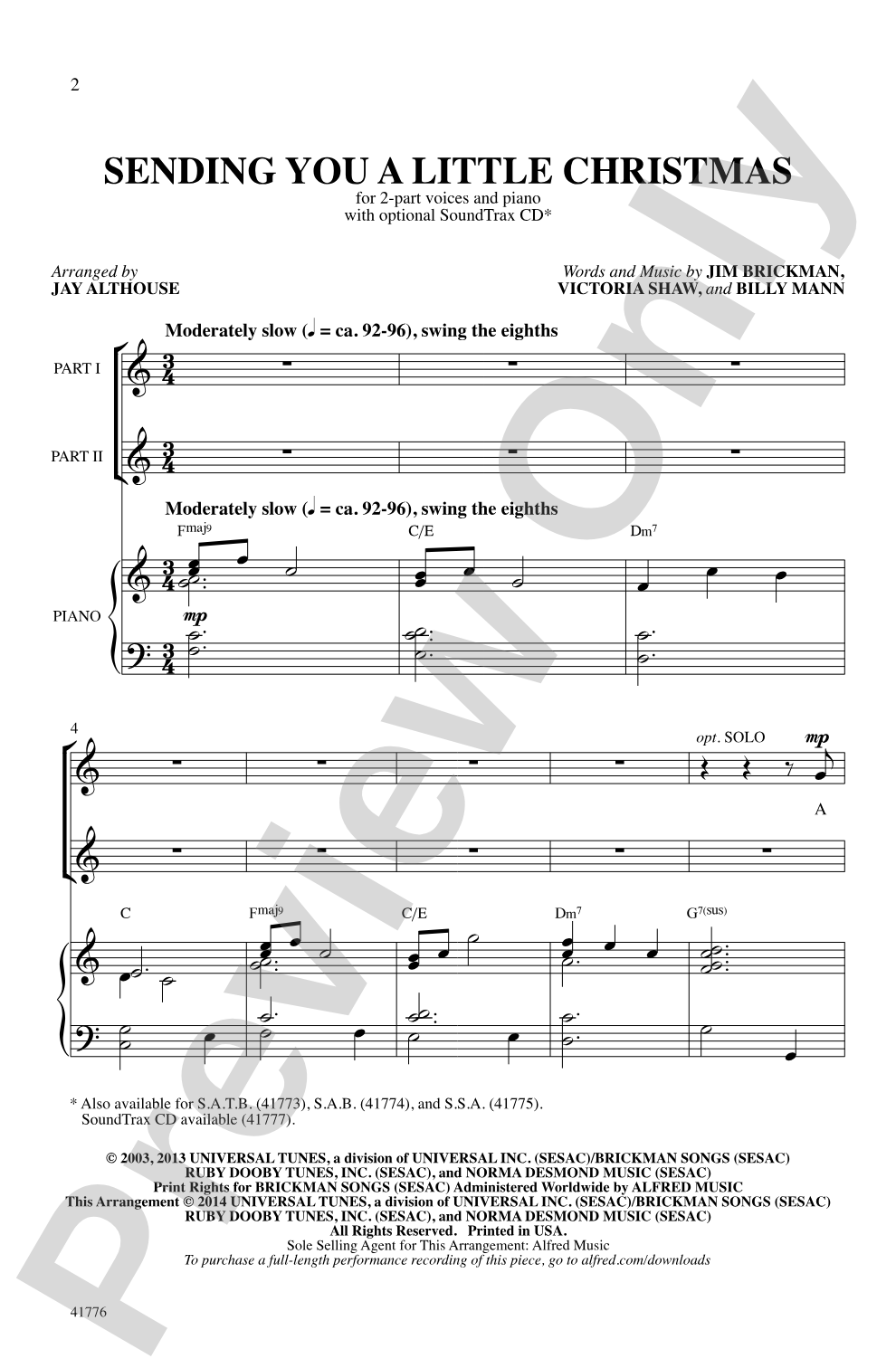 Sending You a Little Christmas: 2-Part Choral Octavo