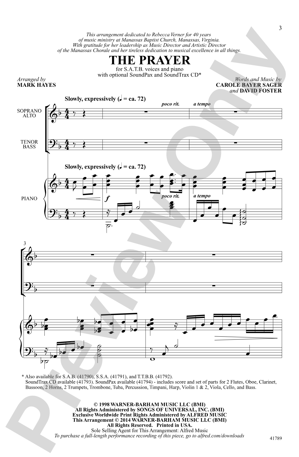 Prayer, The: SATB Choral Octavo