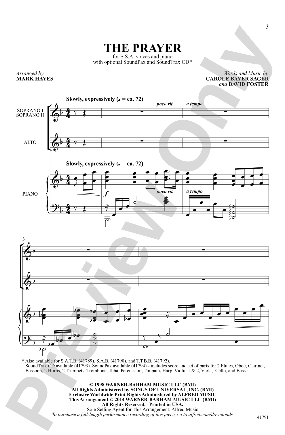 Prayer, The: SSA Choral Octavo