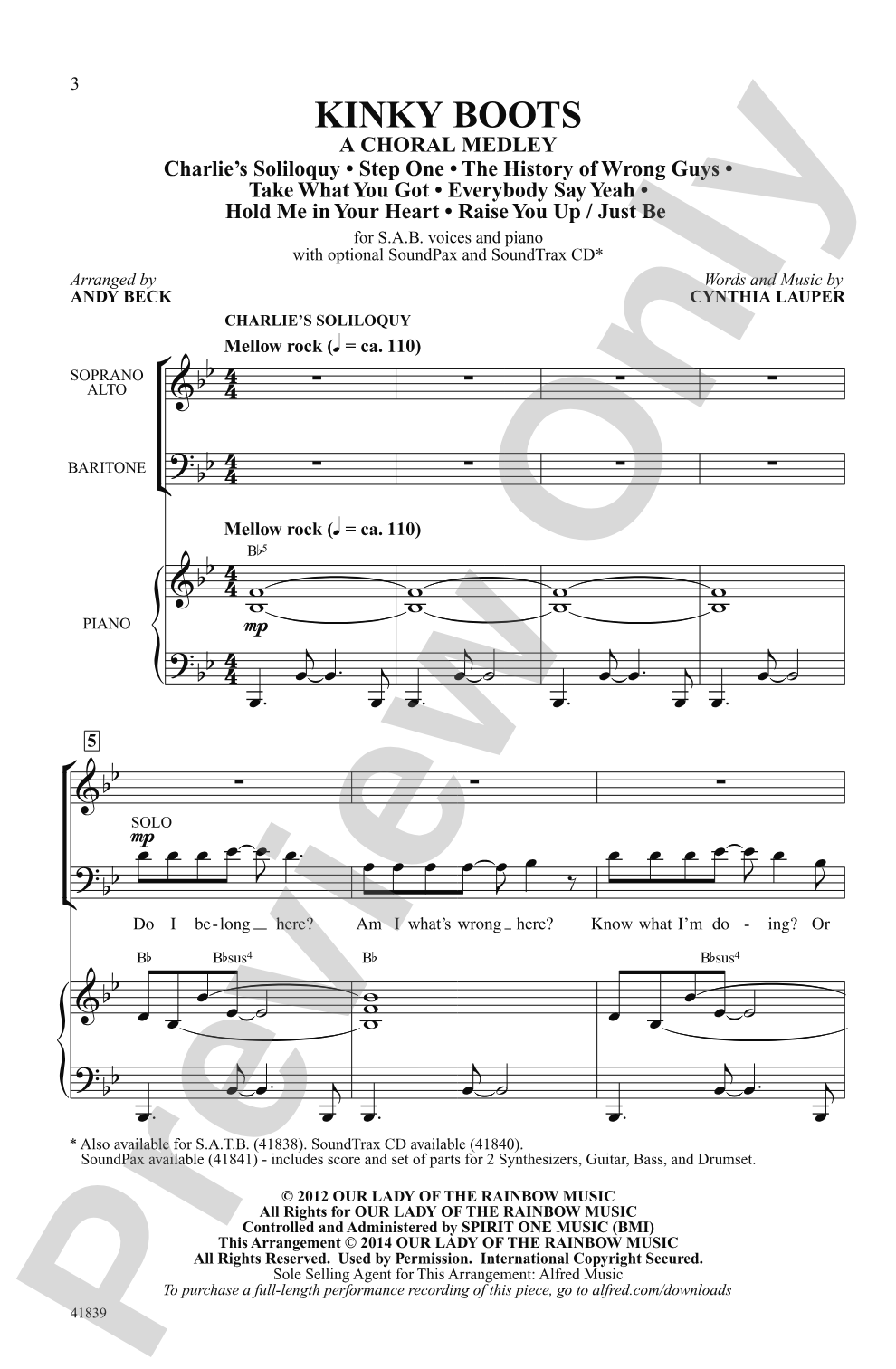 Kinky Boots: A Choral Medley: SAB Choral Octavo