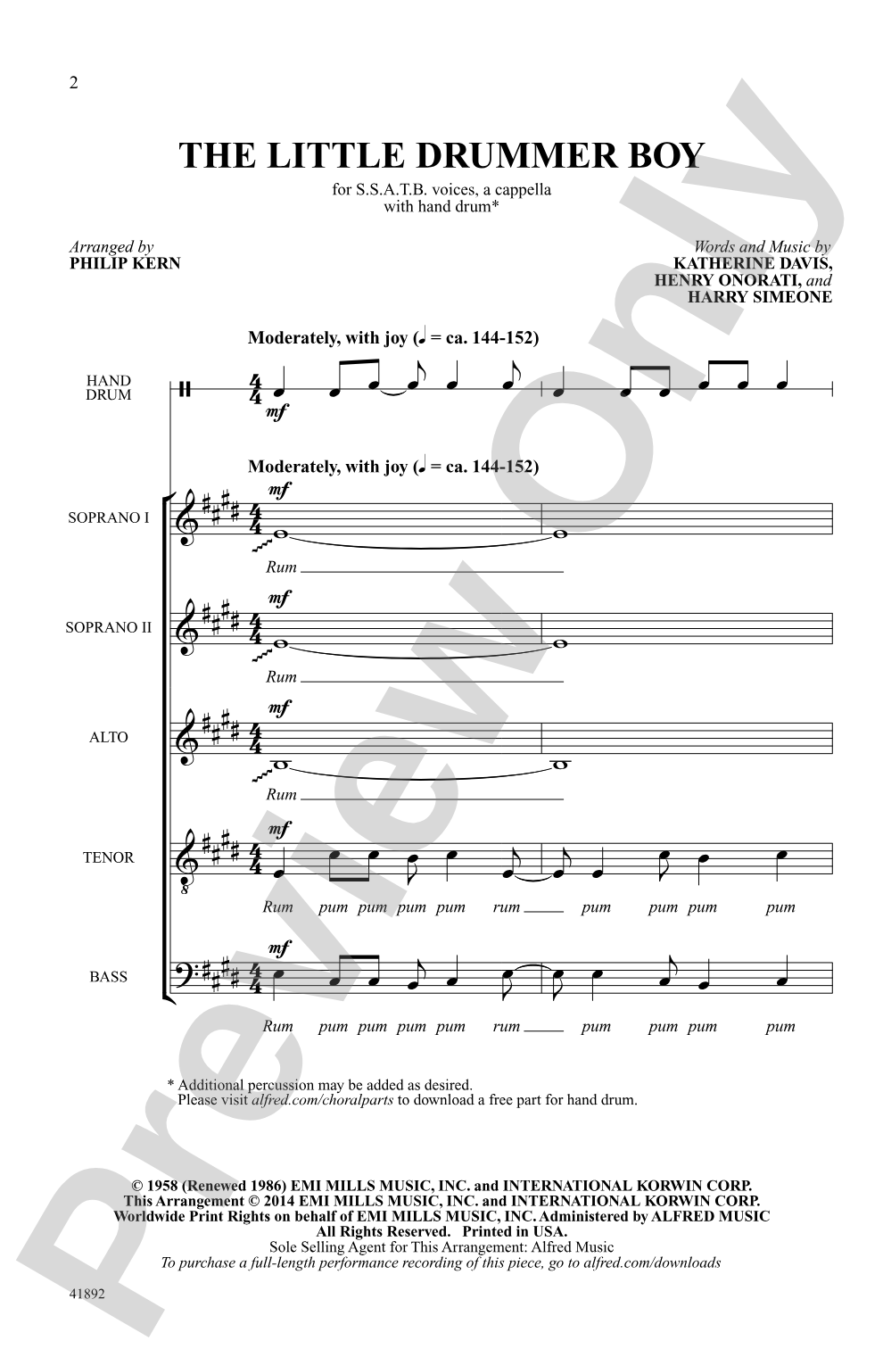 The Little Drummer Boy: SSATB, <I>a cappella</I> Choral Octavo