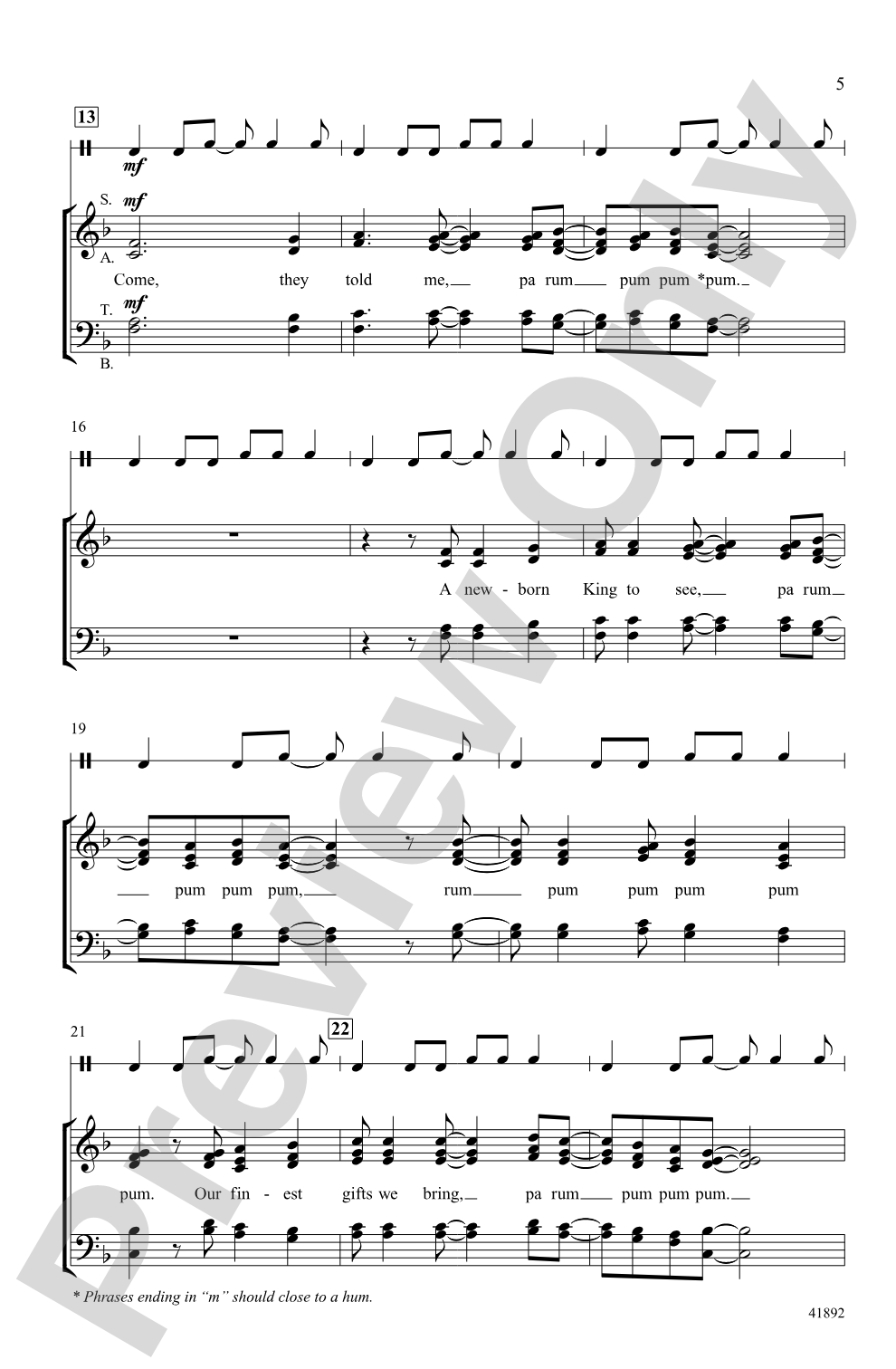 The Little Drummer Boy: SSATB, <I>a cappella</I> Choral Octavo