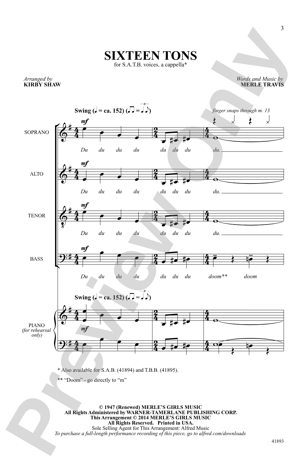Sixteen Tons: SATB, <I>a cappella</I> Choral Octavo