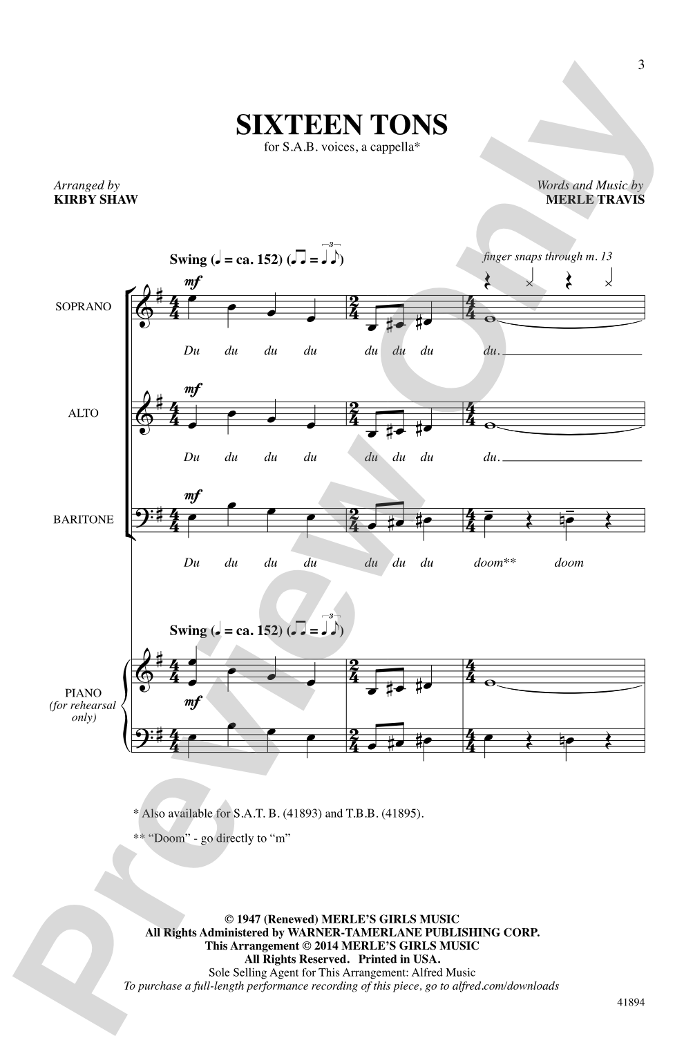 Sixteen Tons: SAB, <I>a cappella</I> Choral Octavo