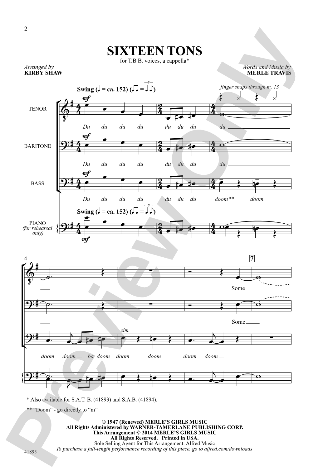 Sixteen Tons: TBB, <I>a cappella</I> Choral Octavo
