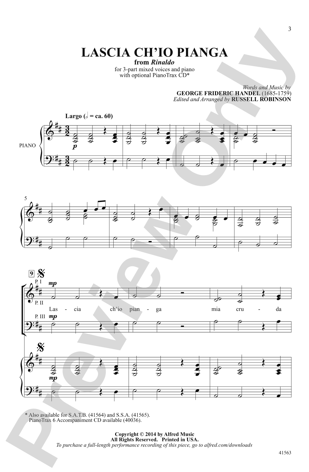 Lascia Ch'io Pianga (from <i>Rinaldo</i>): 3-Part Mixed Choral Octavo