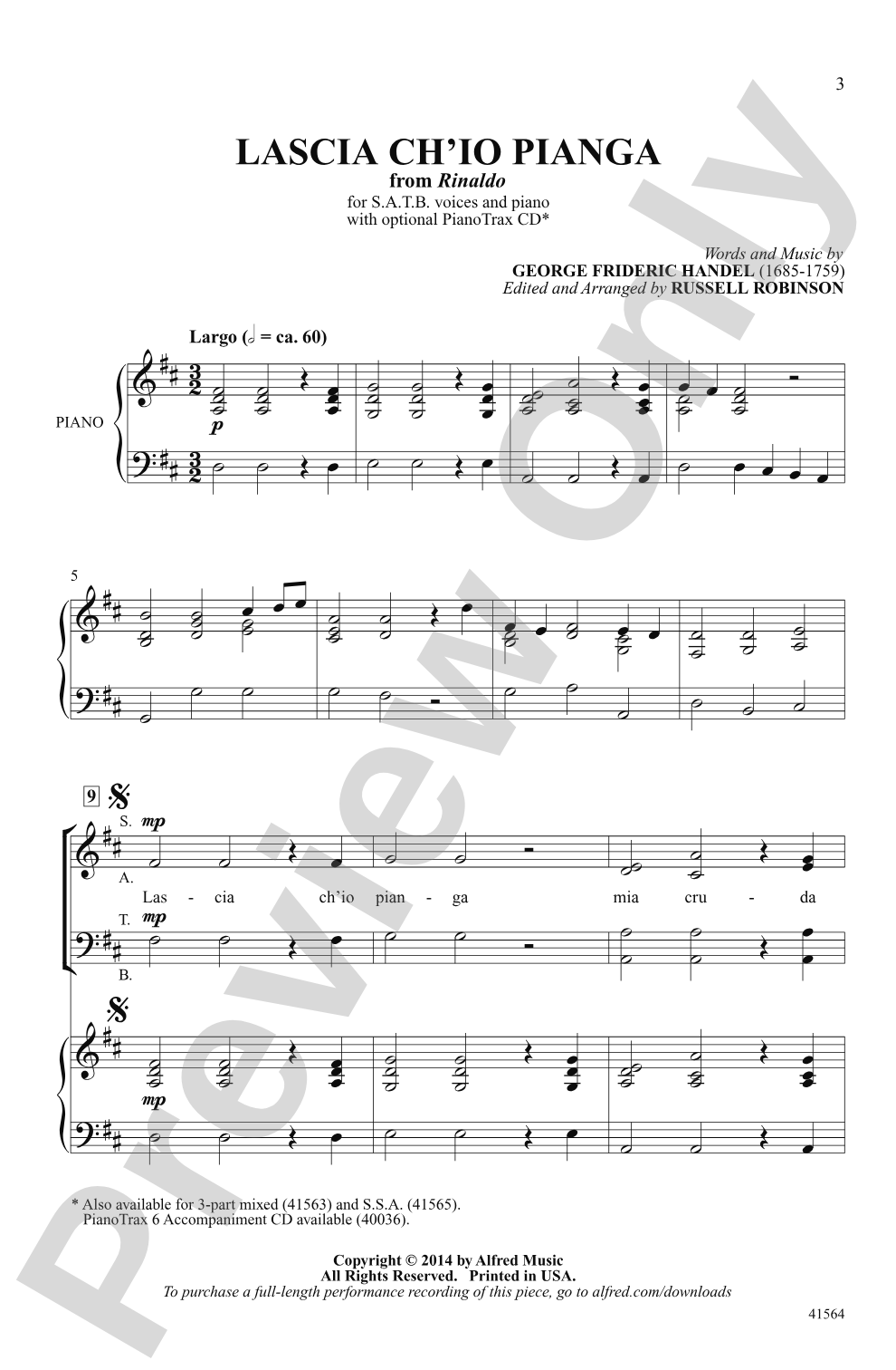 Lascia Ch'io Pianga (from <i>Rinaldo</i>): SATB Choral Octavo